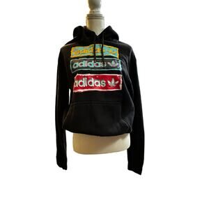 ADIDAS Black Cropped Hooded Sweatshirt MULTICOLOR Logo on Chest Small